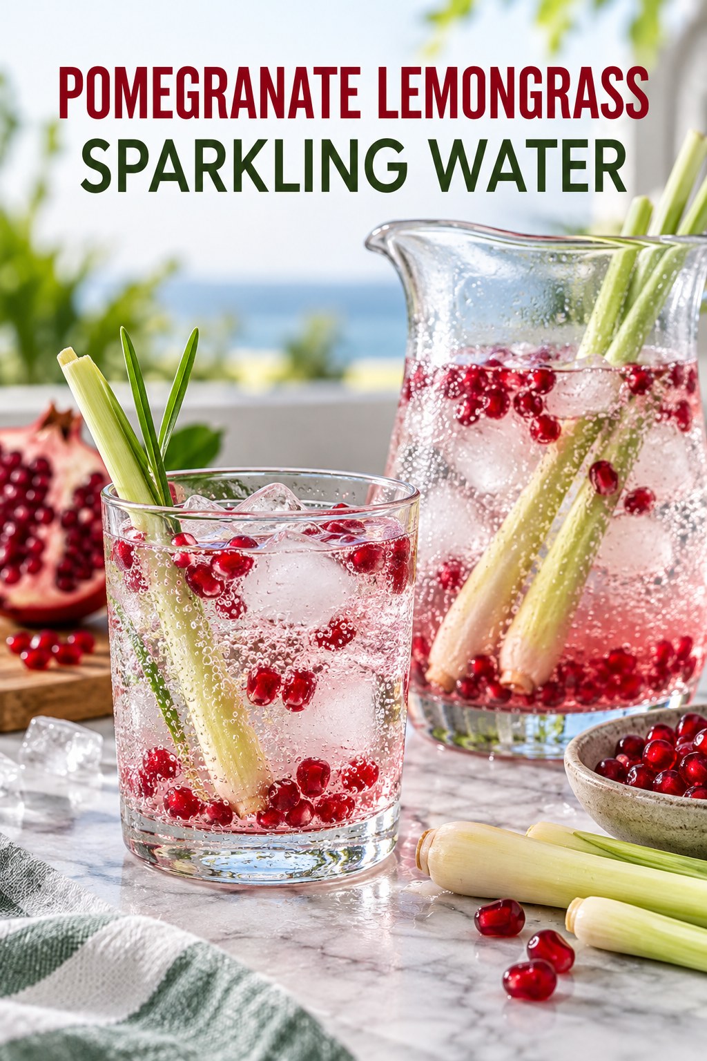 Portrait drink scene with pomegranate, fresh lemongrass, ice, and a chilled glass of sparkling water.