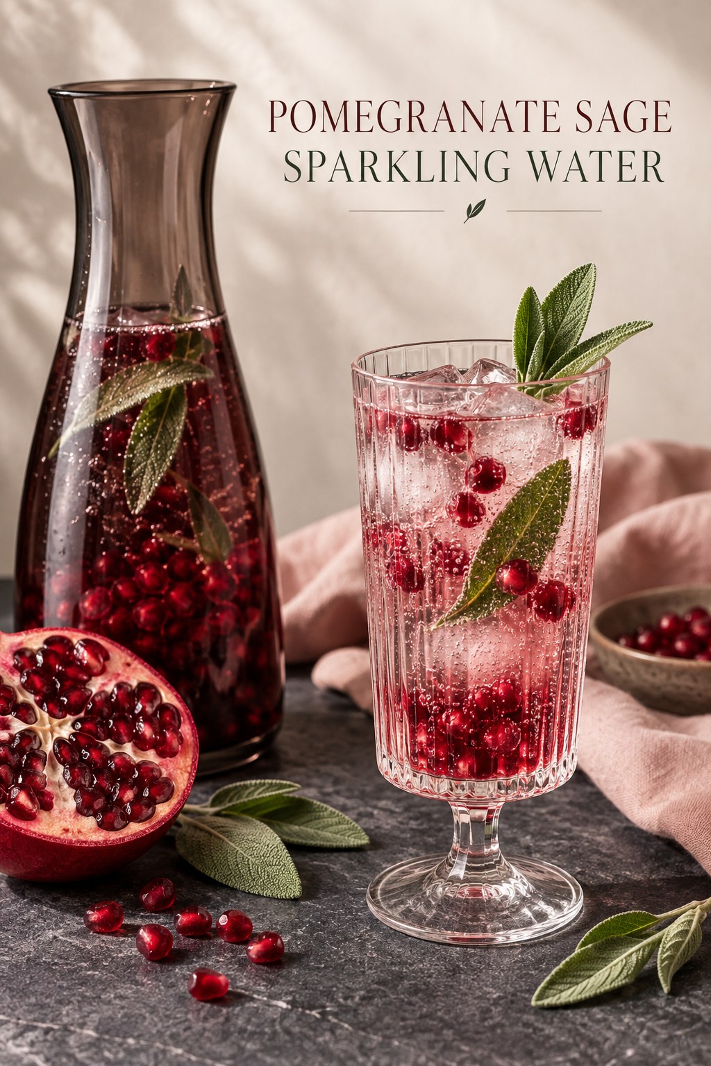 Fluted glass and dark carafe of sparkling water with pomegranate arils, fresh sage leaves, ice, and a halved pomegranate.