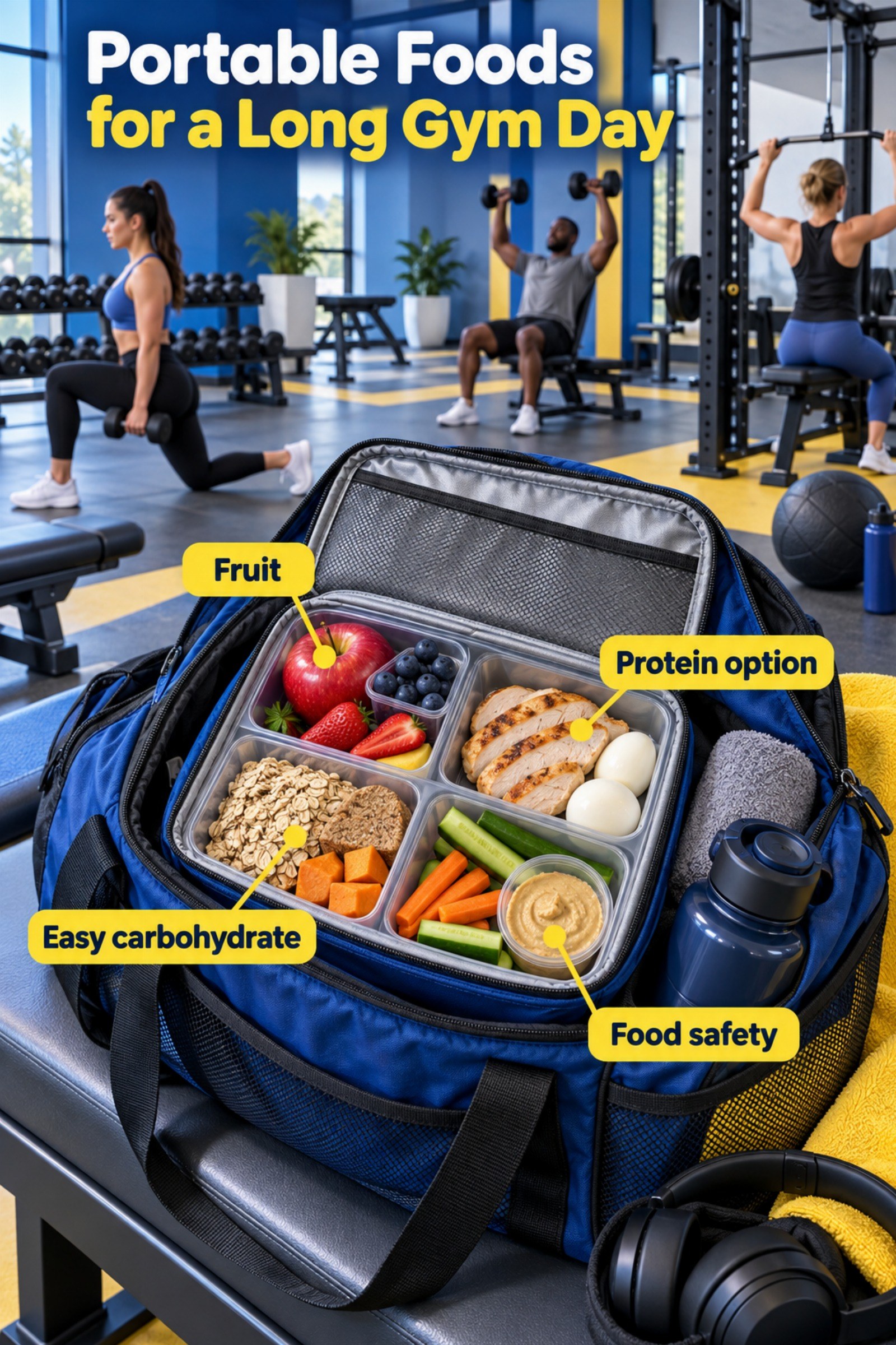 Open gym bag with insulated lunch box and clearly separated food groups. The image supports Portable Foods for a Long Gym Day.