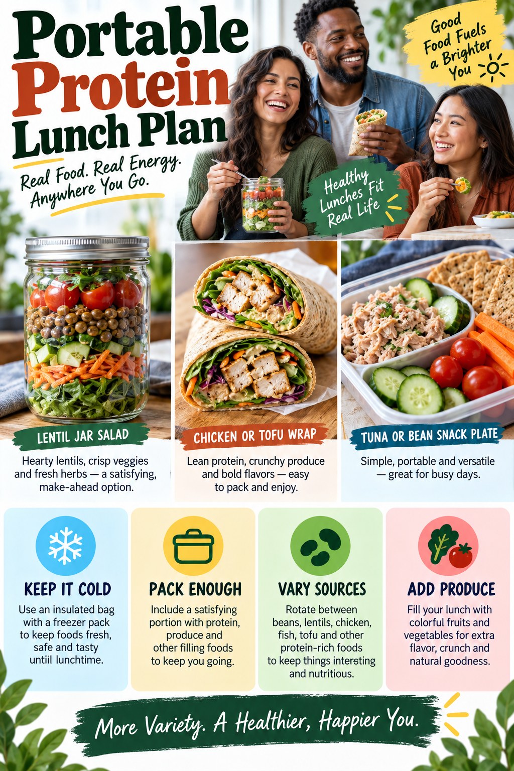 Portrait infographic showing a lentil jar salad, chicken or tofu wrap, and tuna or bean snack plate with cold-storage and produce reminders.