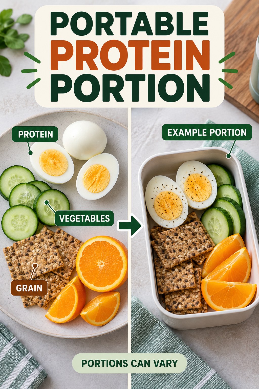 Portable Protein Portion visual using hard-boiled eggs, whole-grain crackers, cucumber, and orange as flexible example portions for High Protein Snacks.