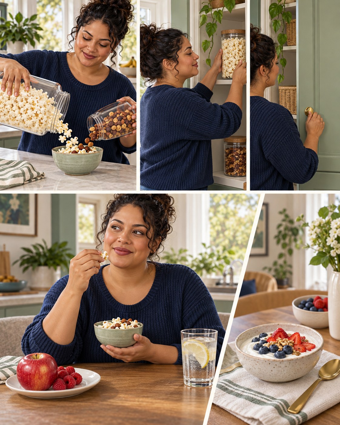 Woman pouring popcorn and nuts into a bowl, returning the containers to the pantry, and sitting with fruit and water