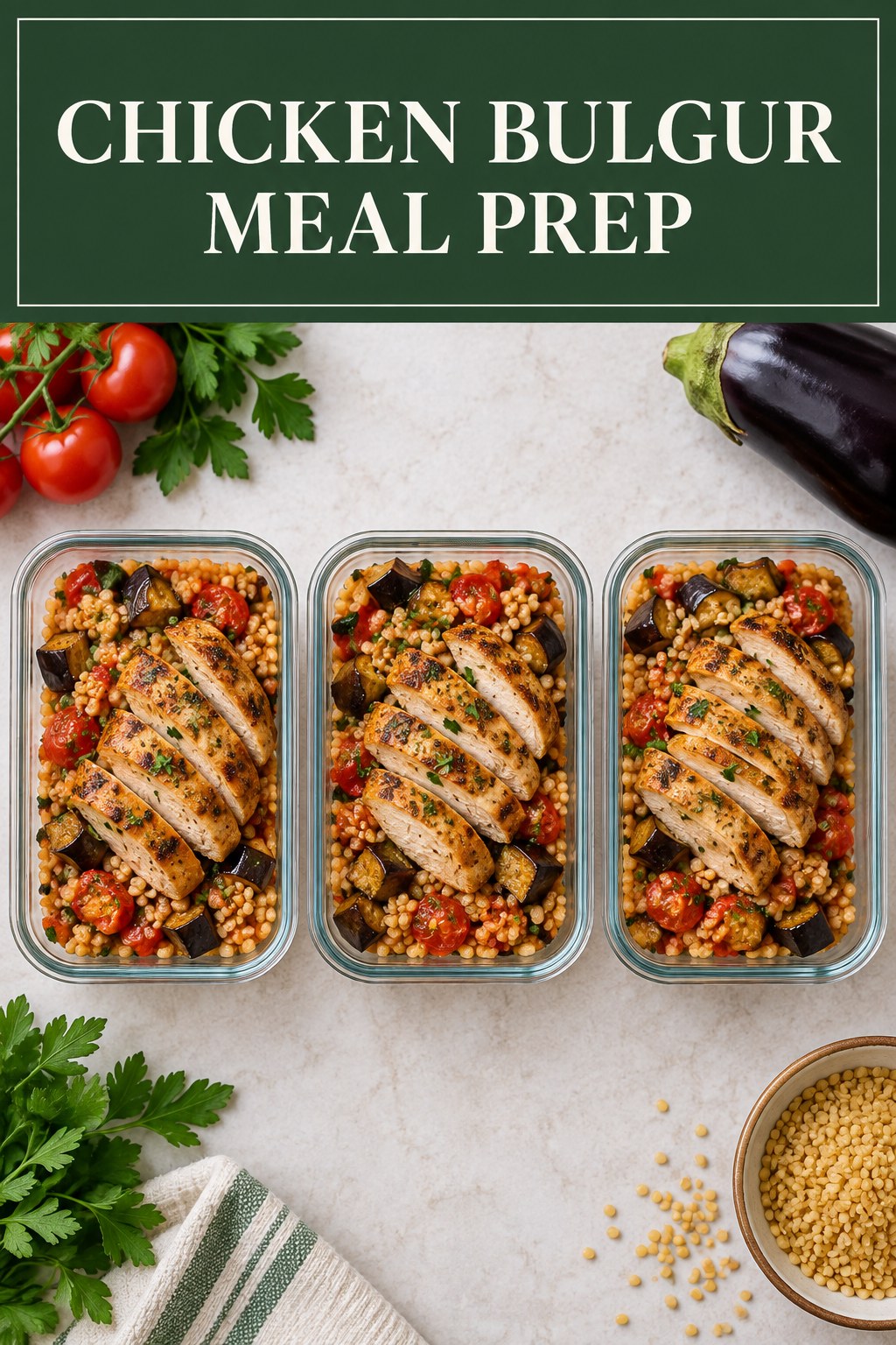 Three containers of portion-aware chicken bulgur prep boxes with chicken, bulgur, tomato, and eggplant.