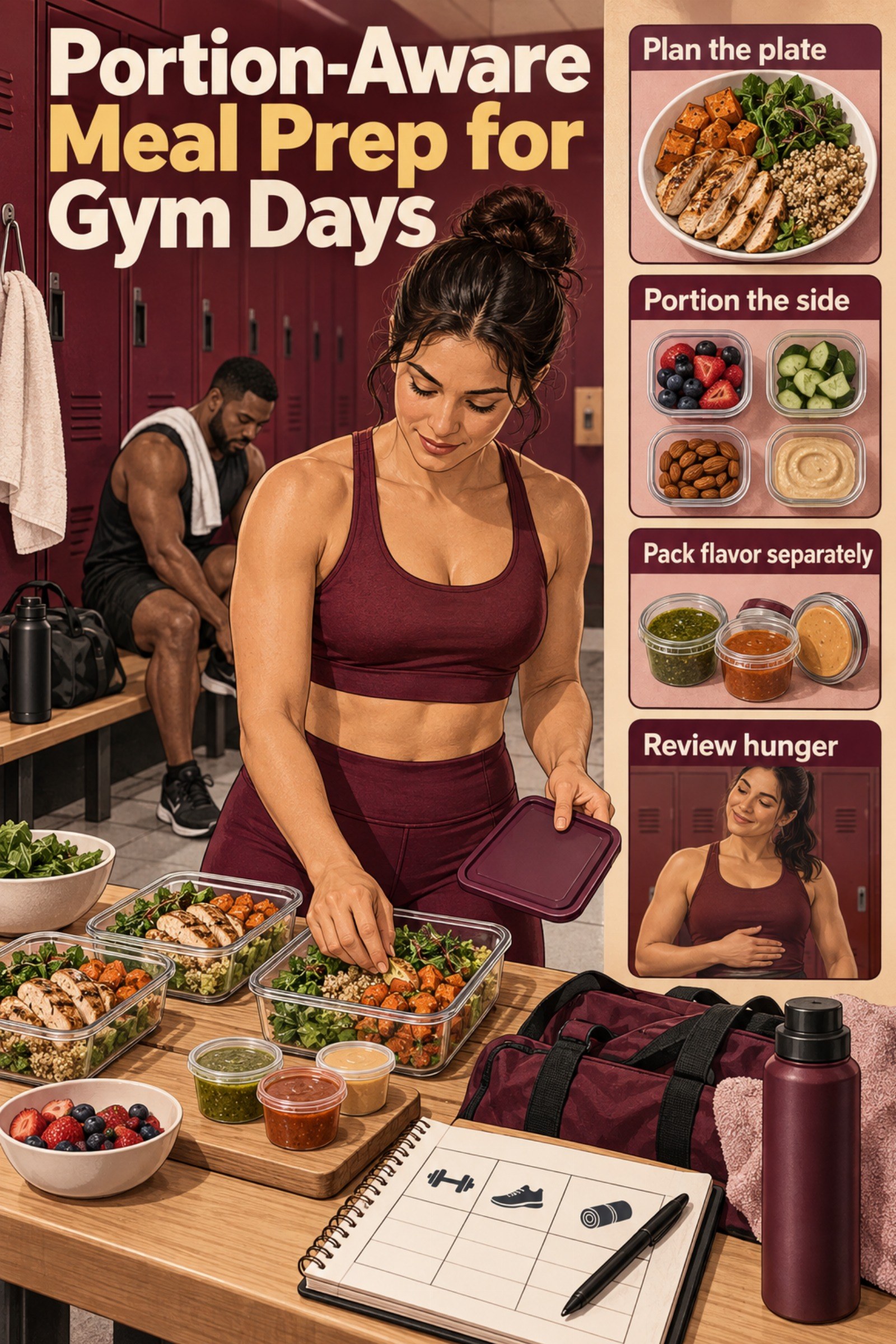 Meal-prep containers beside a gym schedule and serving labels. The image supports Portion-Aware Meal Prep for Gym Days.