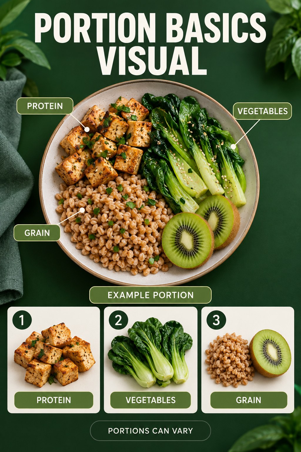 Portion Basics Visual visual using tofu, farro, bok choy, and kiwi as flexible example portions for Portion Control.