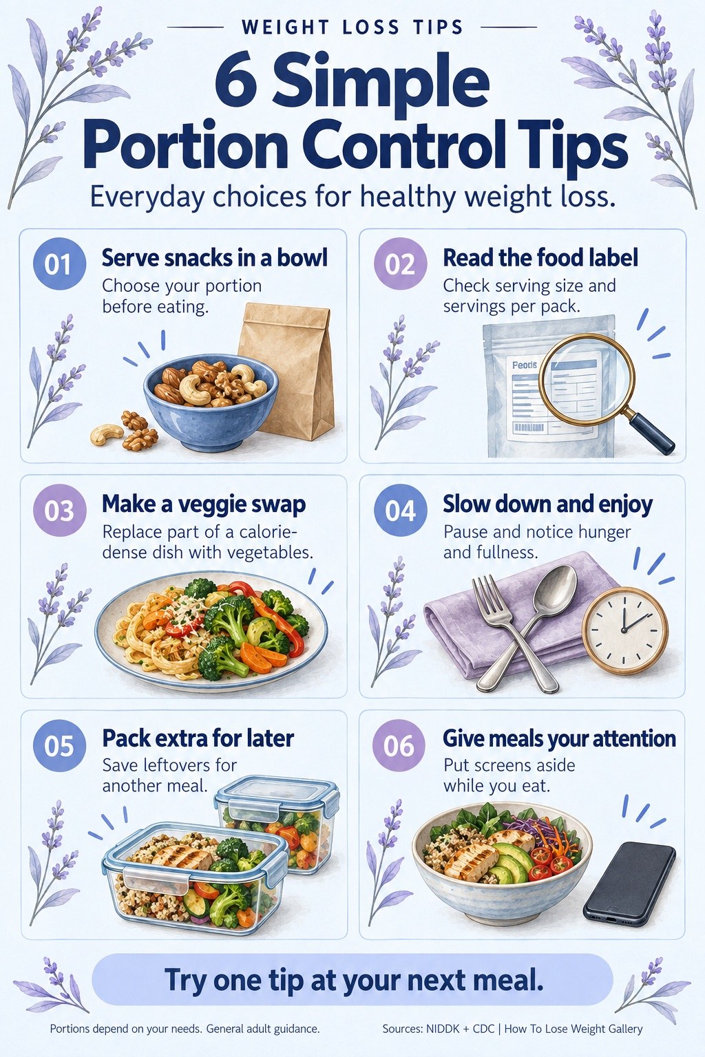 Blue and lavender infographic with six portion control tips illustrated by a snack bowl, food label, vegetable pasta, cutlery, leftovers, and a screen-free meal.