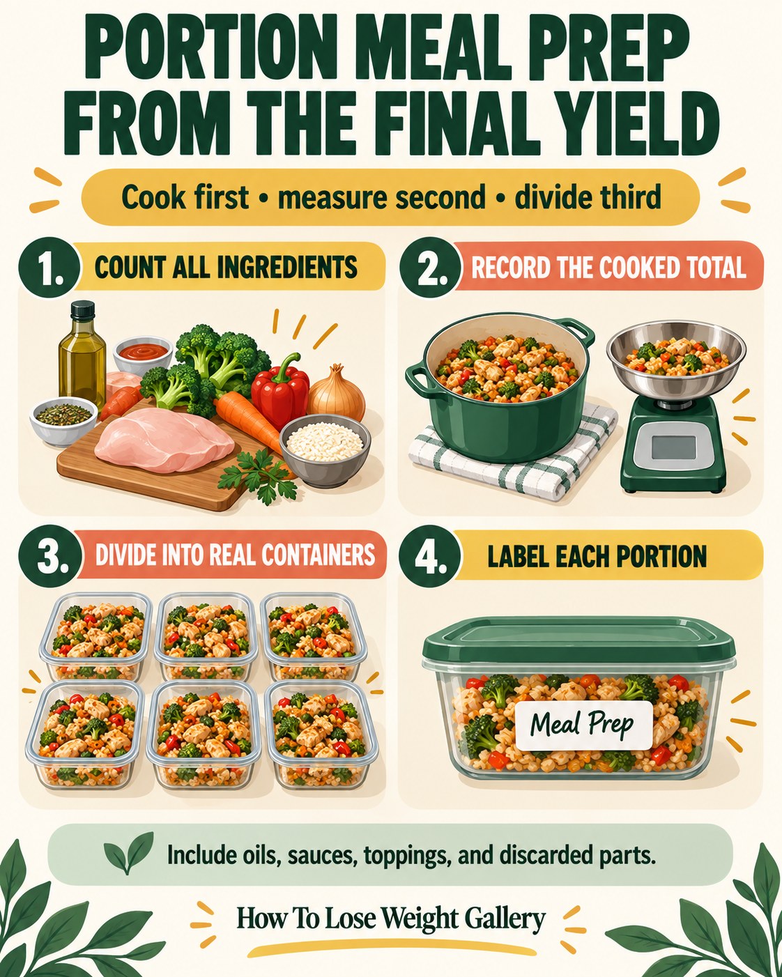 Meal-prep infographic showing all ingredients, final cooked yield, real storage containers, and clearly labeled portions