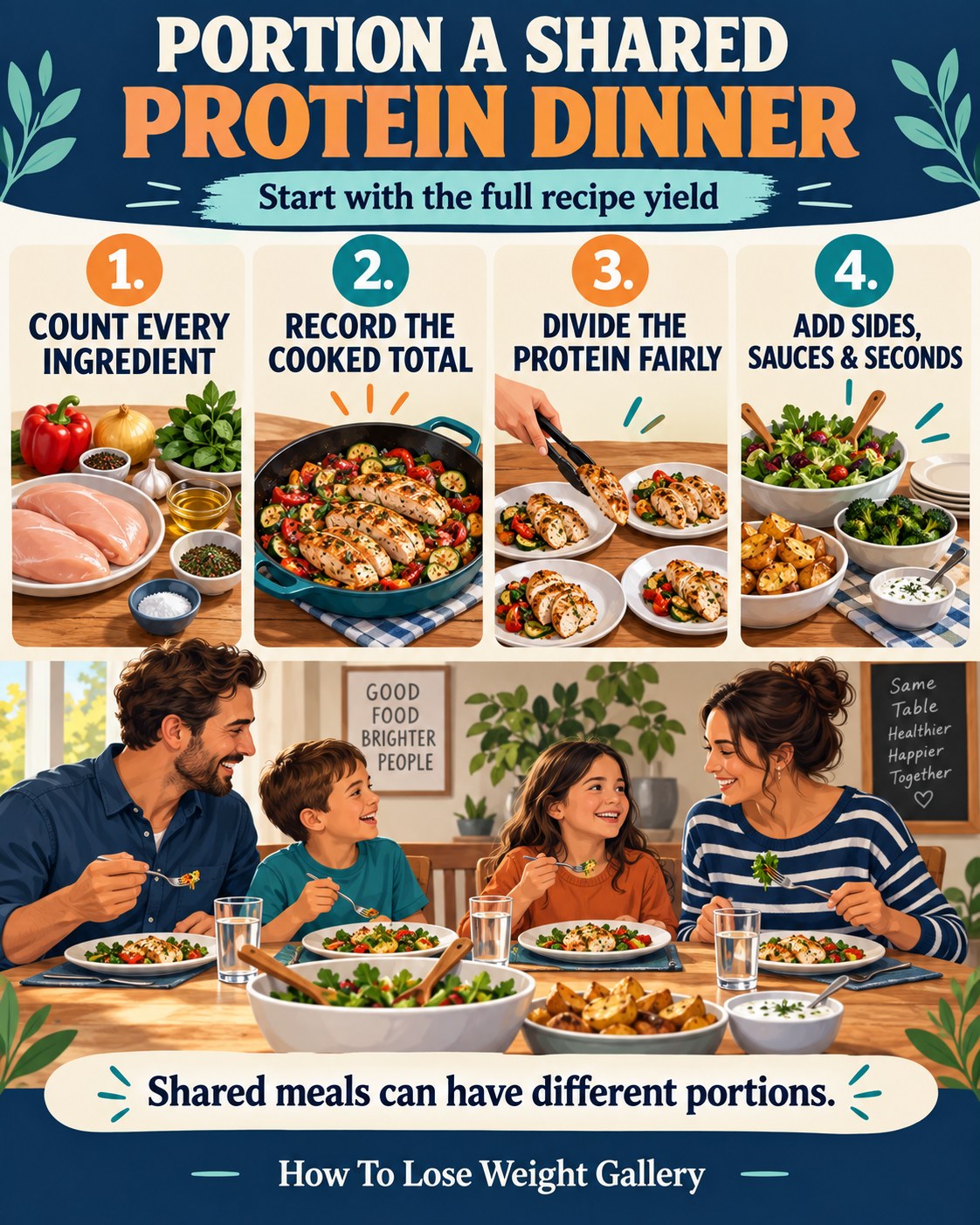 Family dinner infographic showing the full recipe, cooked total, different protein portions, sides, sauces, and seconds
