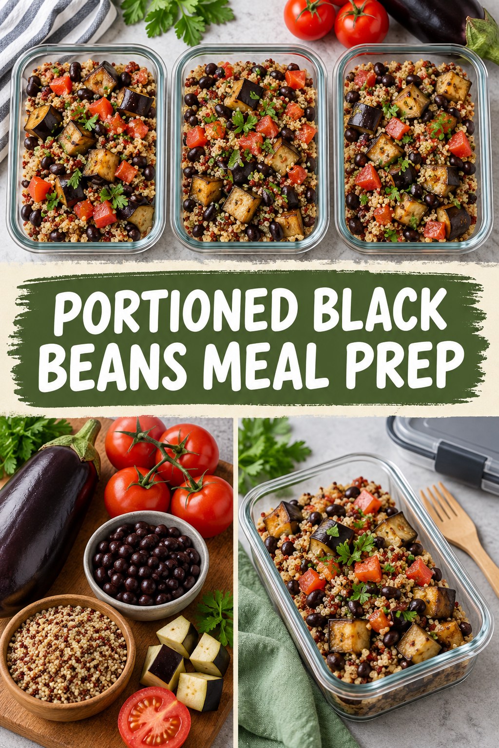 Three containers of portioned black beans quinoa prep boxes with black beans, quinoa, tomato, and eggplant.