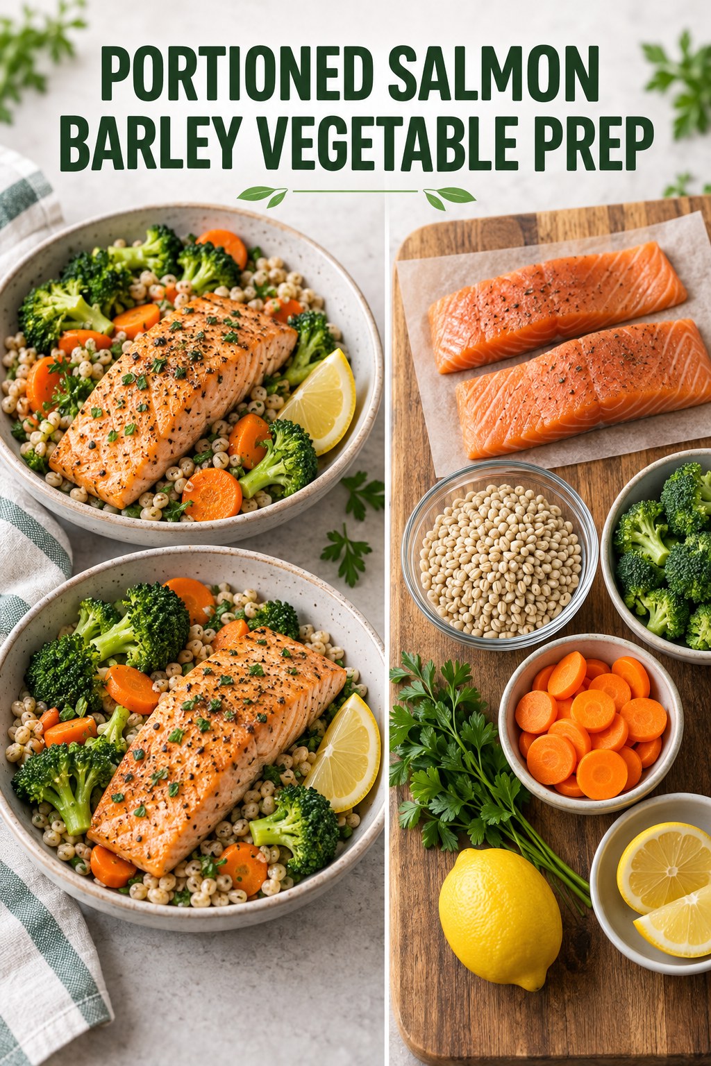 Two servings of portioned salmon barley vegetable prep made with salmon, barley, and vegetables.