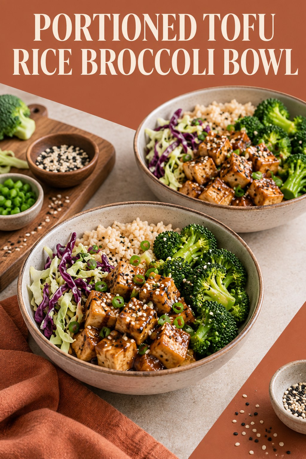 Two servings of portioned tofu rice broccoli bowl made with tofu, brown rice, and vegetables.