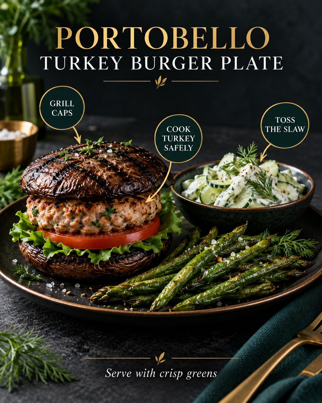 Charcoal, emerald, and gold infographic showing a turkey burger between portobello caps with cucumber-dill slaw and green beans.