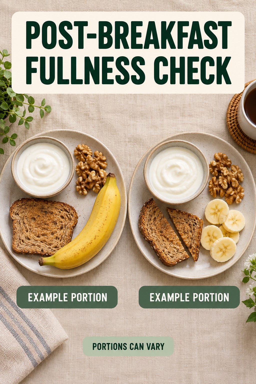 Post-Breakfast Fullness Check visual using plain yogurt, whole-grain toast, banana, and walnuts as flexible example portions for High Protein Breakfast.