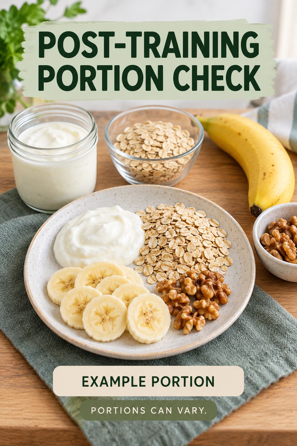 Post-Training Portion Check visual using plain yogurt, oats, banana, and walnuts as flexible example portions for Strength Training for Weight Loss.