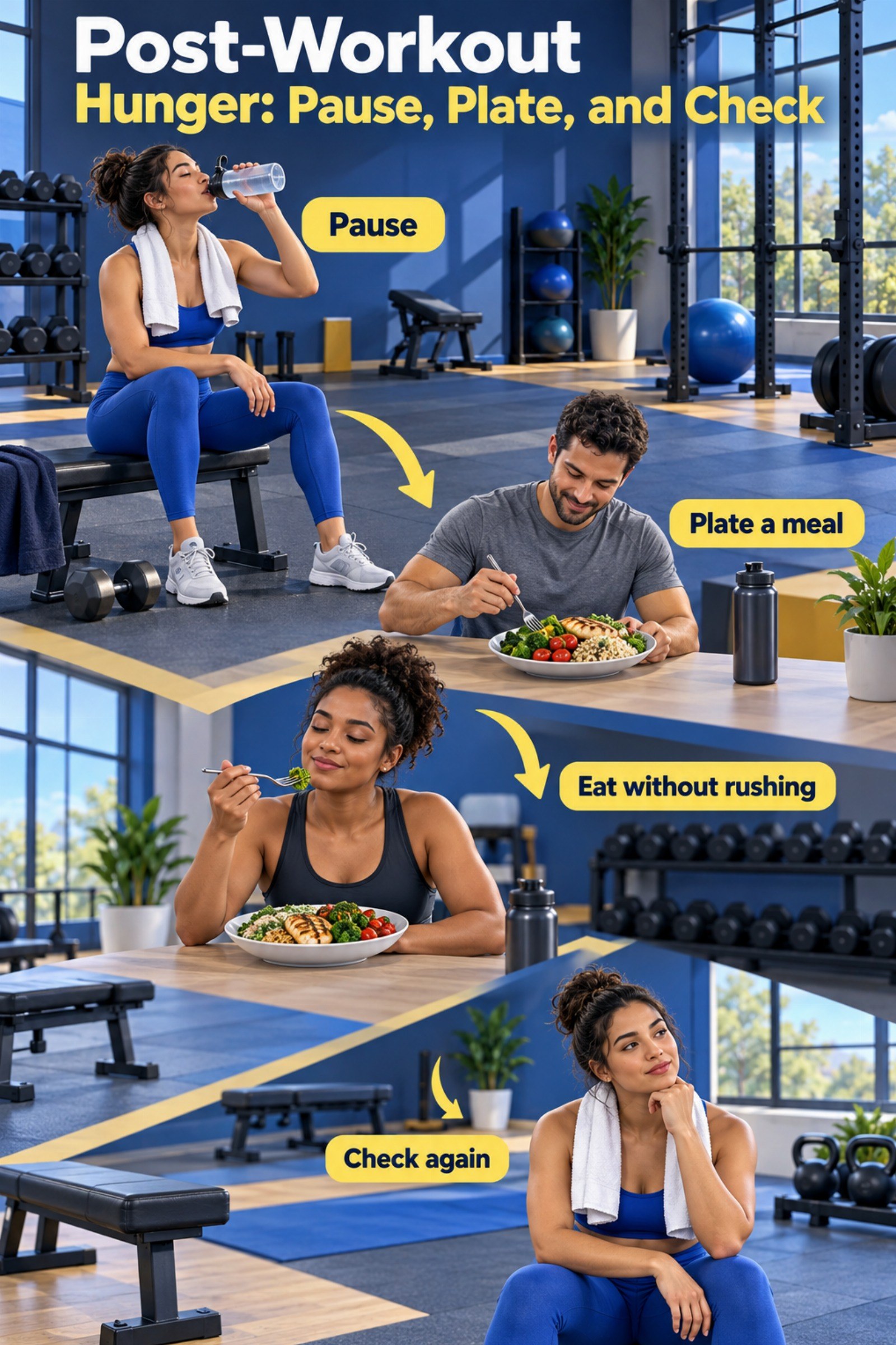 Three-step editorial sequence from water to plated meal to appetite check. The image supports Post-Workout Hunger: Pause, Plate, and Check.