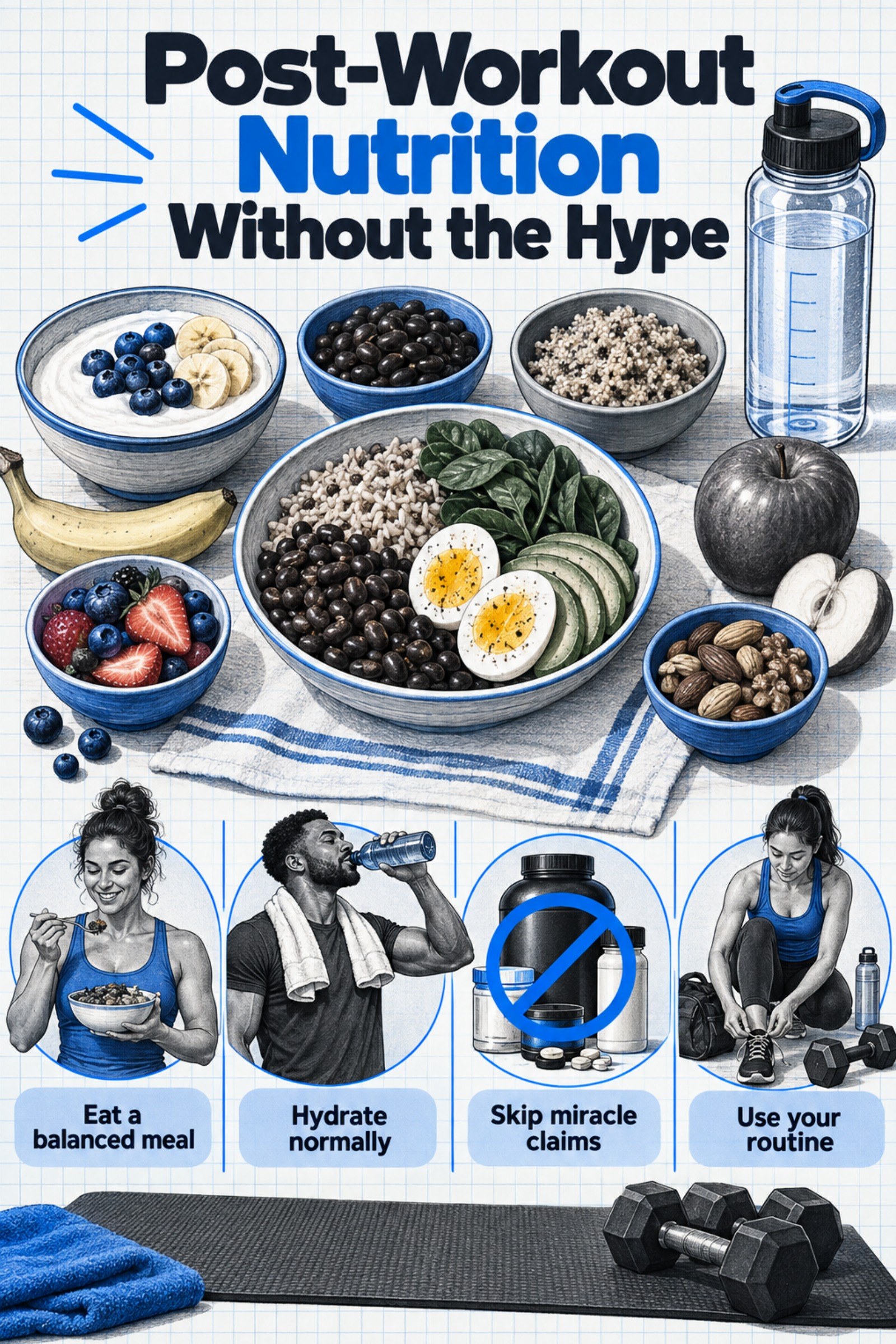 Magazine-style food spread with yogurt, beans, eggs, grains, fruit, and water. The image supports Post-Workout Nutrition Without the Hype.