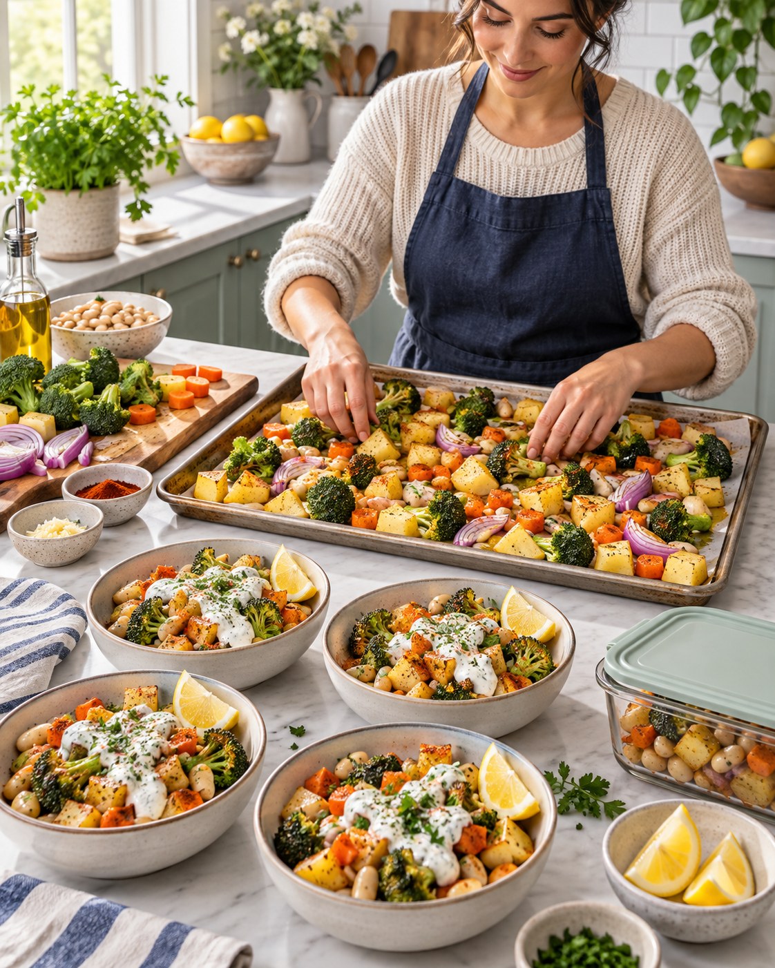 Woman roasting potatoes, broccoli, white beans, onions, and carrots and serving four bowls with lemon-yogurt drizzle