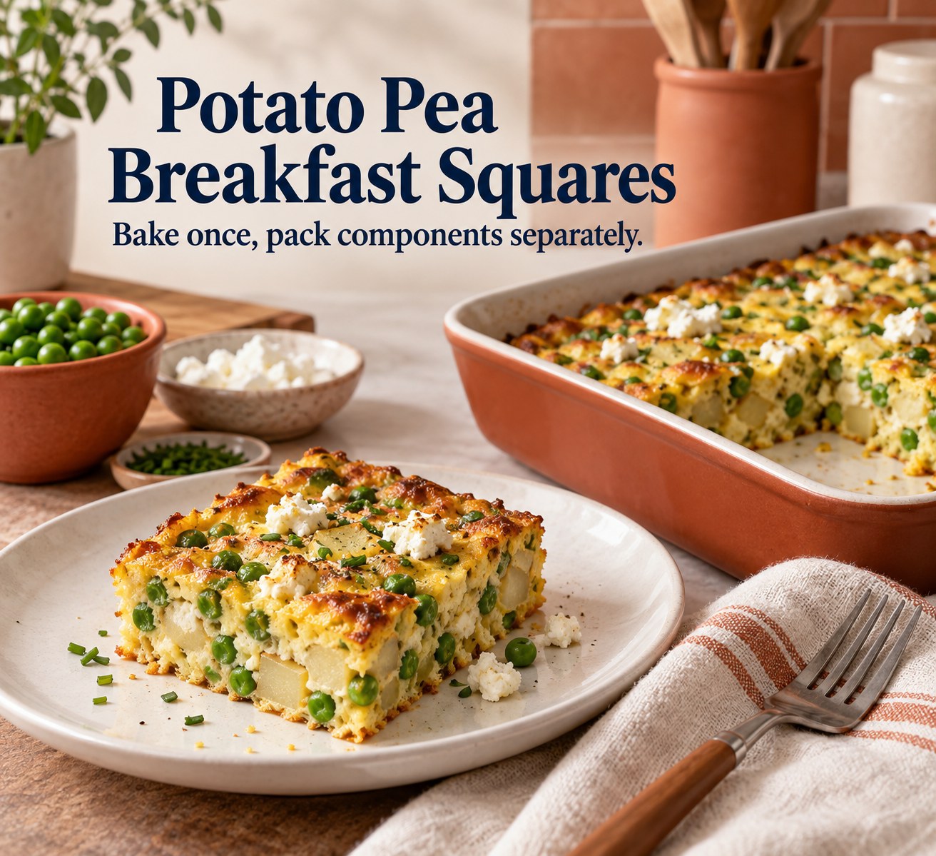 Square slice of potato pea egg bake with goat cheese on a plate beside the baking dish.