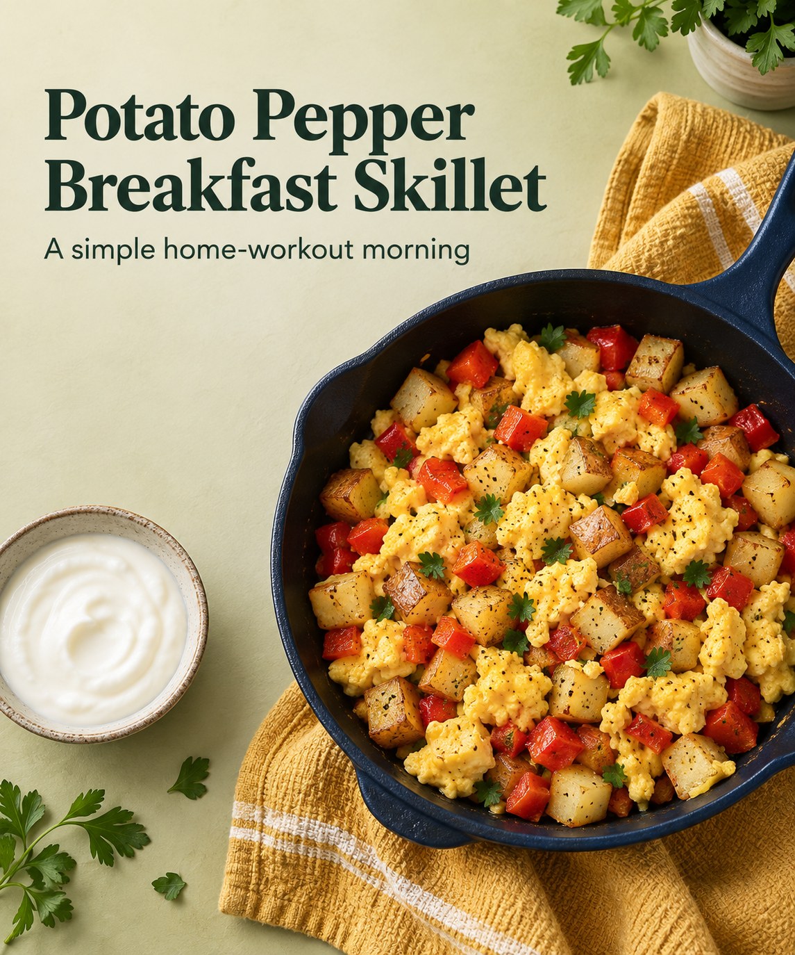 A potato red pepper and egg skillet with yogurt beside the words Potato Pepper Breakfast Skillet.