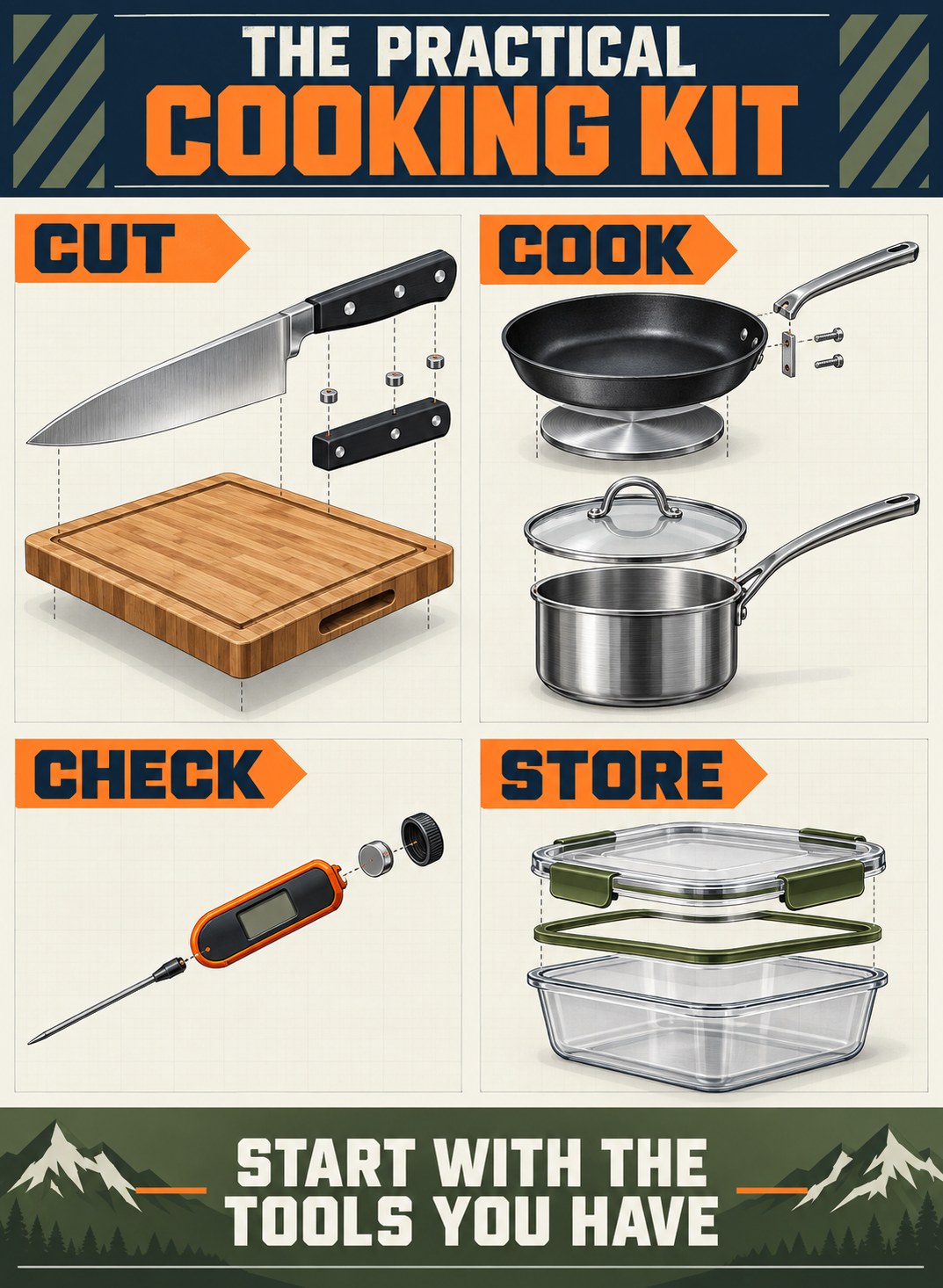 Navy, orange, gray, cream, and olive instruction-manual infographic showing four basic cooking tool groups.