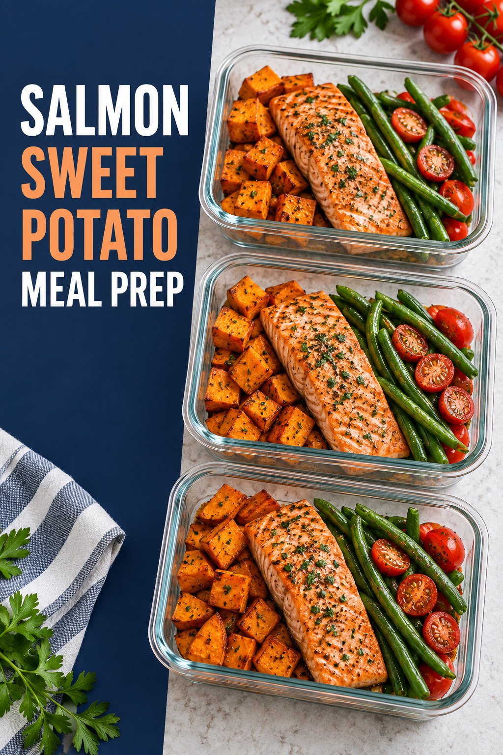 Three containers of practical salmon sweet potato prep boxes with salmon, sweet potato, green beans, and cucumber.