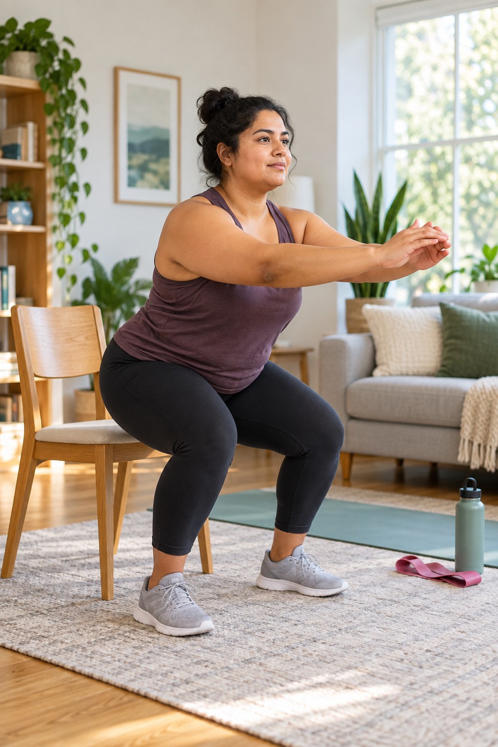 Adult performing a controlled chair squat in a bright living room with a mat, band, and water bottle.
