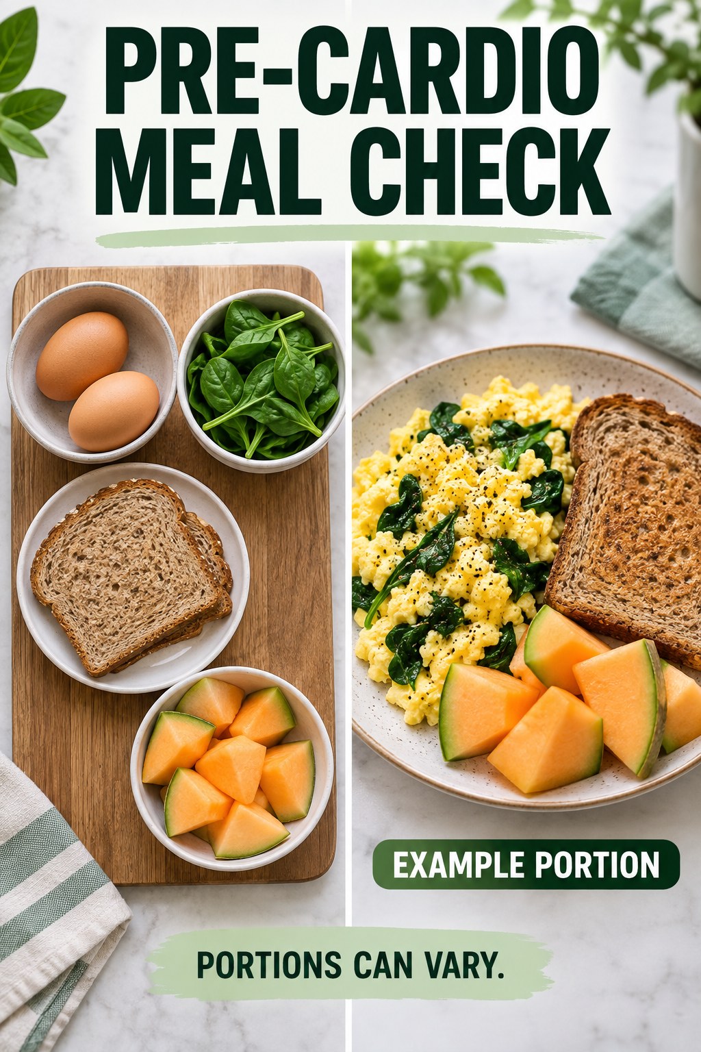 Pre-Cardio Meal Check visual using eggs, whole-grain toast, spinach, and melon as flexible example portions for Cardio Workouts for Weight Loss.