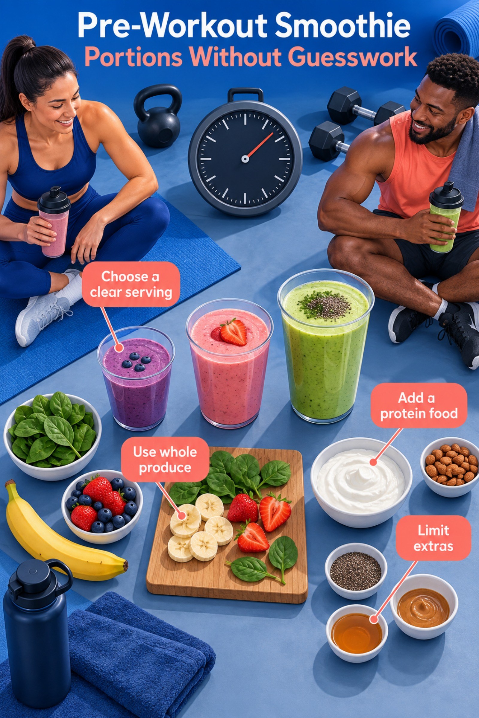 Three cup sizes with ingredient and comfort callouts beside a gym clock. The image supports Pre-Workout Smoothie Portions Without Guesswork.