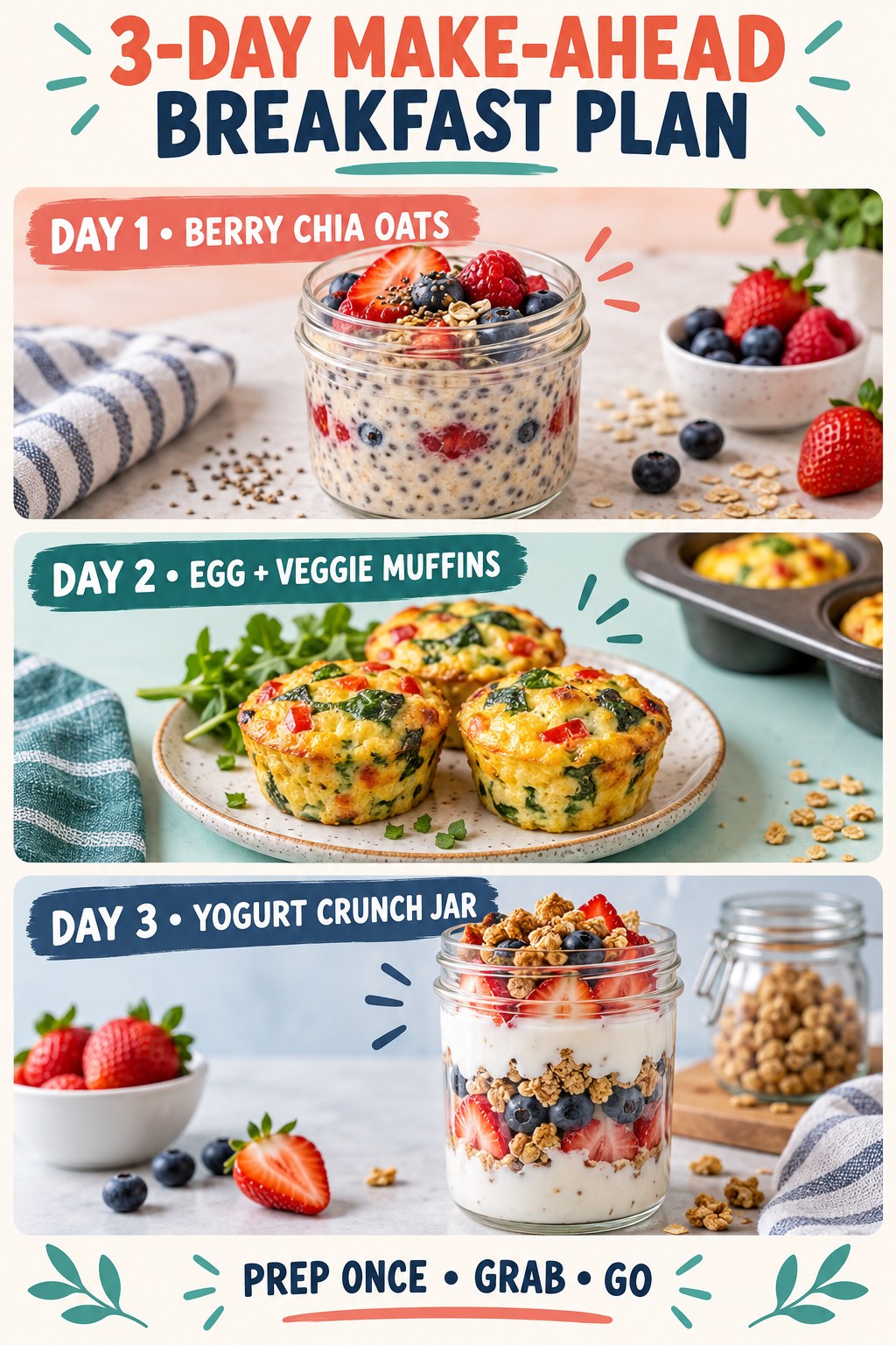 Three-day make-ahead breakfast plan with berry chia oats, egg muffins, and a yogurt crunch jar.