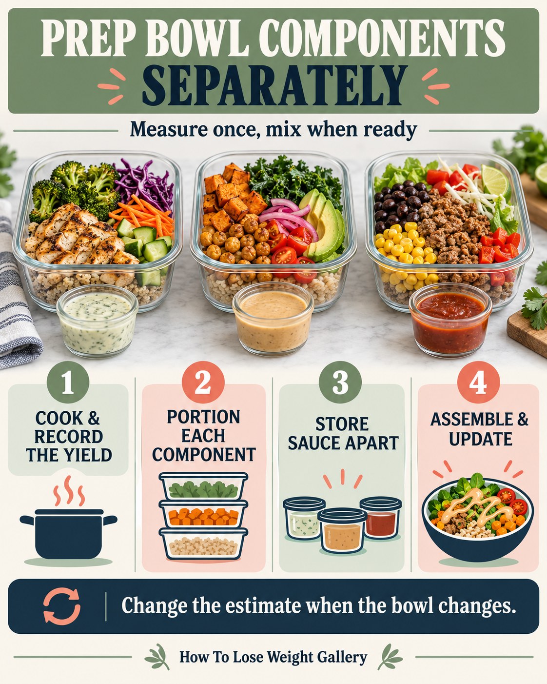 Meal-prep infographic showing separate bowl components, sauce cups, cooked-yield records, and final assembly