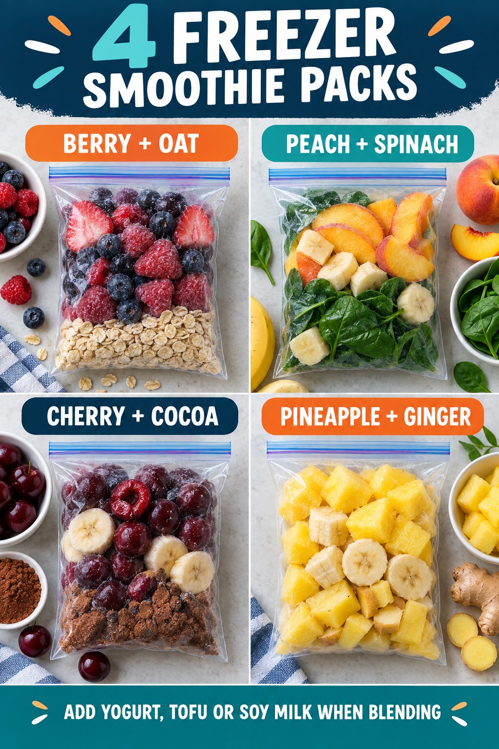 Four freezer smoothie packs with berry oat, peach spinach, cherry cocoa, and pineapple ginger.