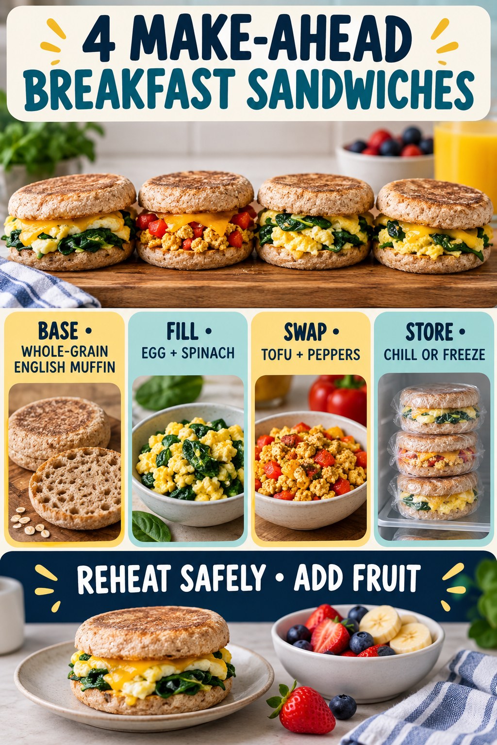 Four make-ahead breakfast sandwiches with egg and spinach or tofu and peppers.