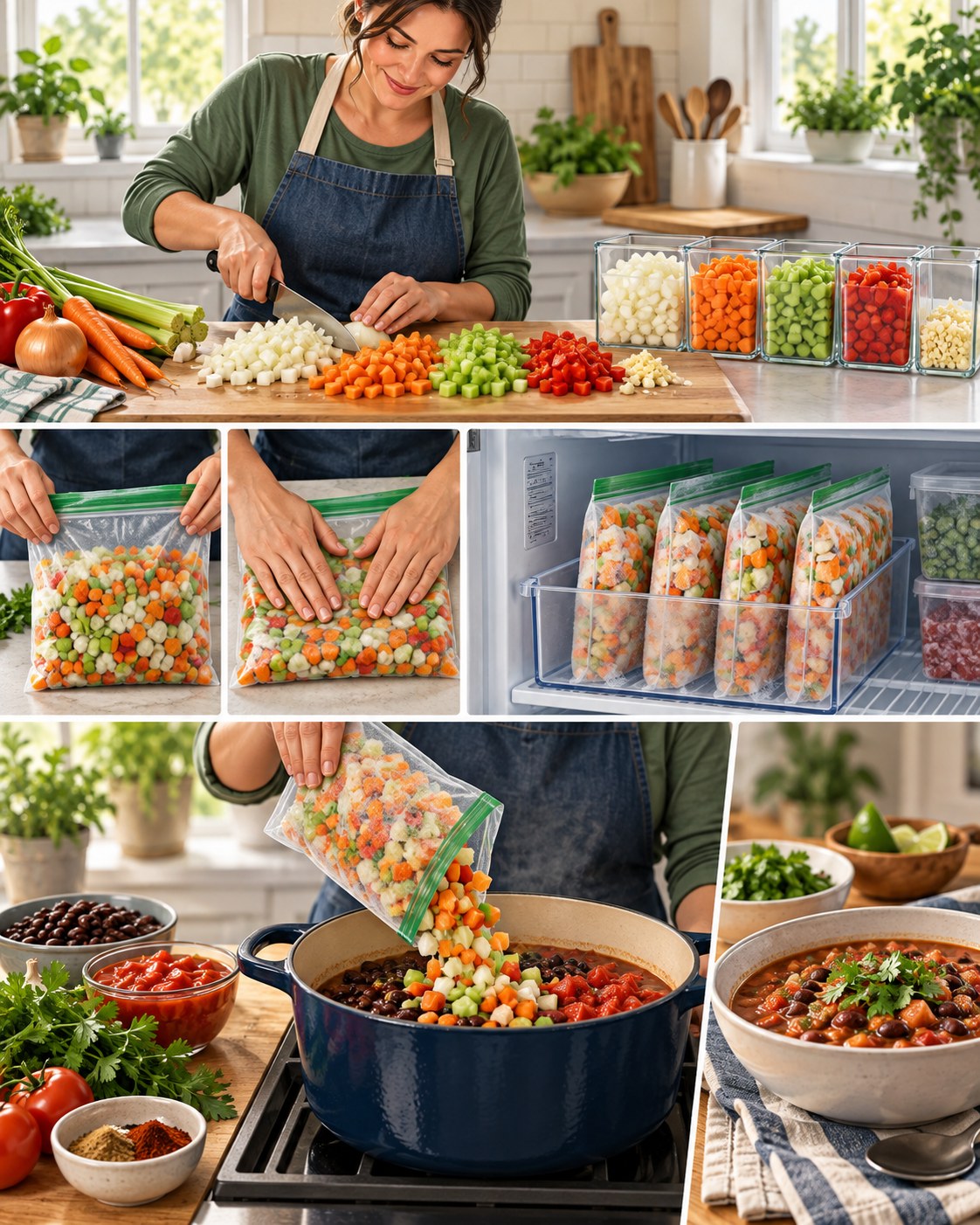 Woman dicing onions, carrots, celery, peppers, and garlic, freezing flat starter packs, and adding one to bean soup