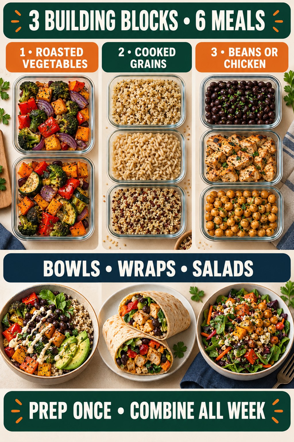 Meal-prep infographic with roasted vegetables, cooked grains, beans or chicken, bowls, wraps, and salads.