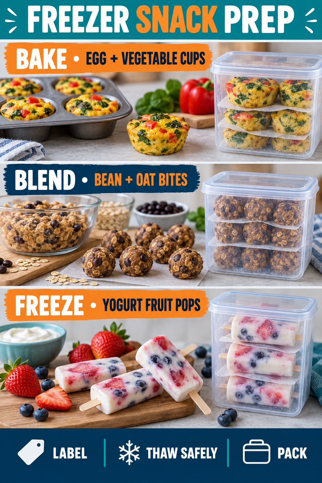 Freezer snack prep with egg vegetable cups, bean oat bites, and yogurt fruit pops.