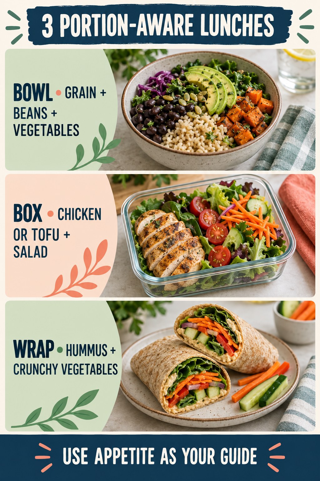 Three portion-aware lunches: a grain bean bowl, chicken or tofu salad box, and hummus vegetable wrap.