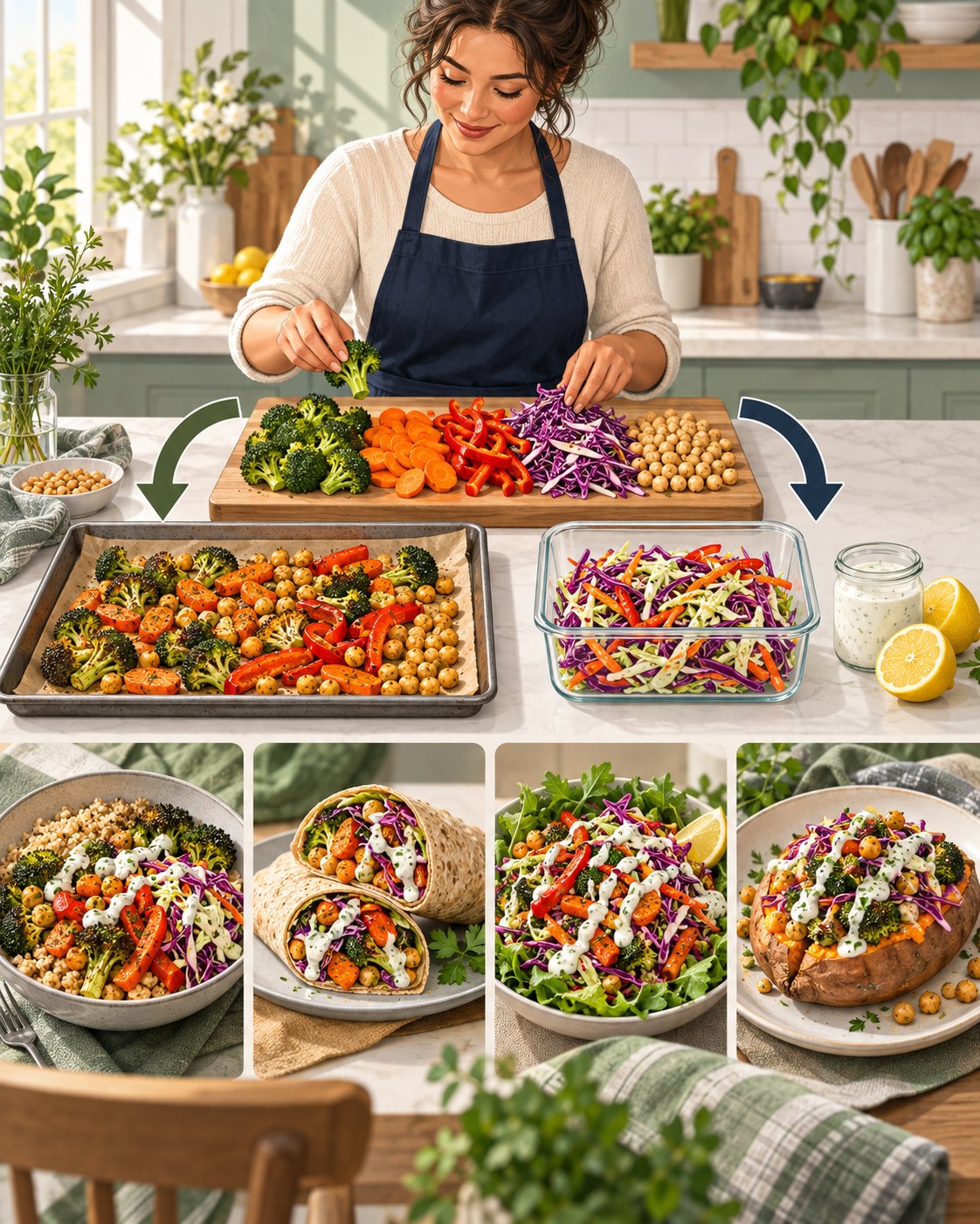 Woman dividing vegetables into a roasted tray and a crisp slaw, then using them in four different meals