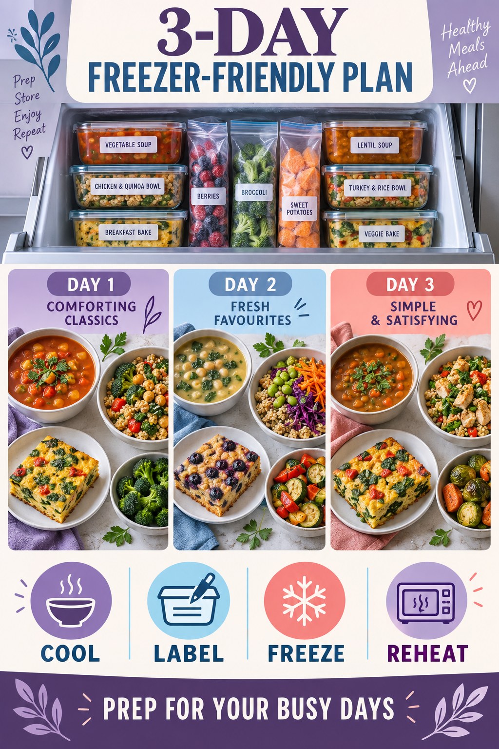 Violet and blue three-day freezer-friendly meal plan showing labeled soups, bowls, breakfast bakes, and safe storage cues.