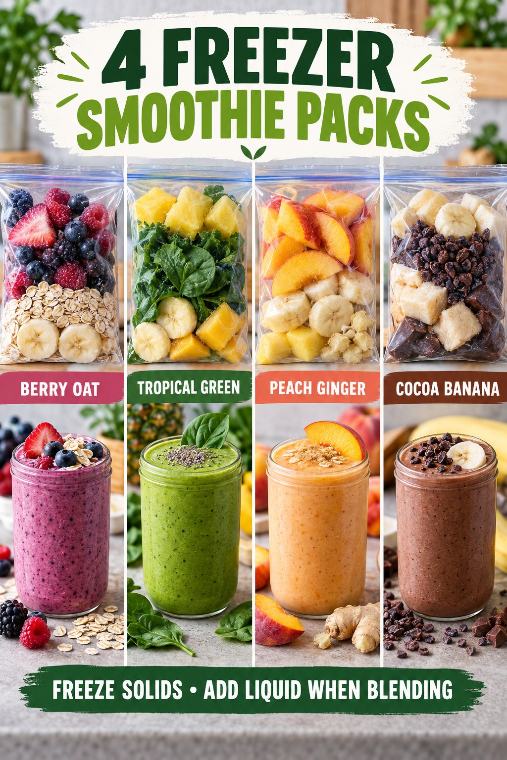 Four freezer smoothie packs labeled berry oat, tropical green, peach ginger, and cocoa banana.