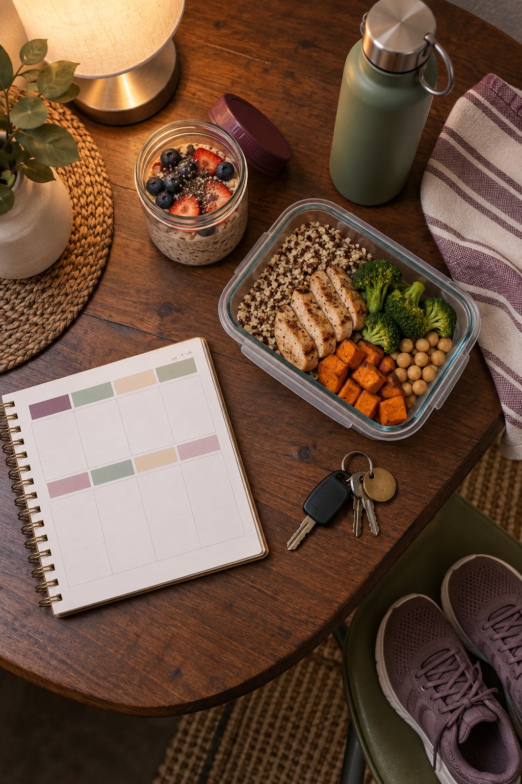 Overhead evening table with a breakfast jar, packed lunch, water bottle, blank planner, keys, and walking shoes.