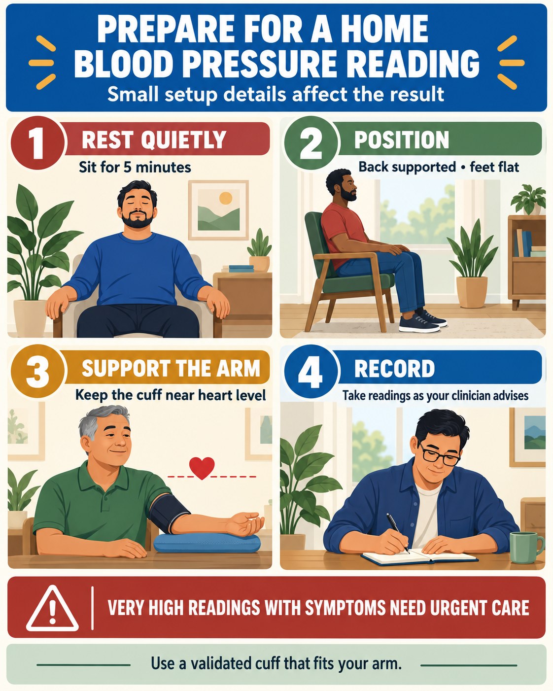 Cobalt, red, sage, amber, and cream infographic showing rest, seated position, arm support, and recording steps for home blood pressure.