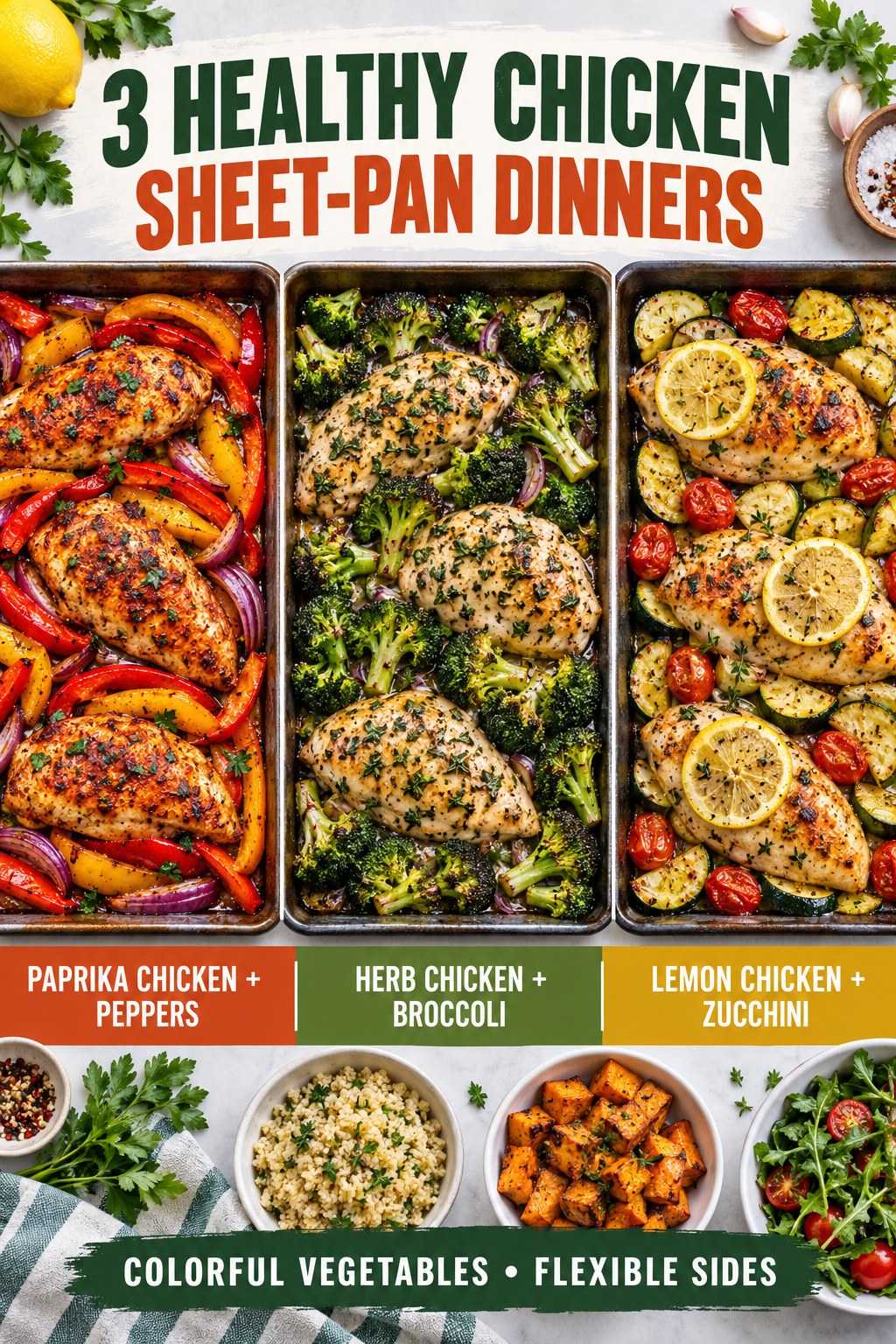 Three healthy chicken sheet-pan dinners with peppers, broccoli, and zucchini.