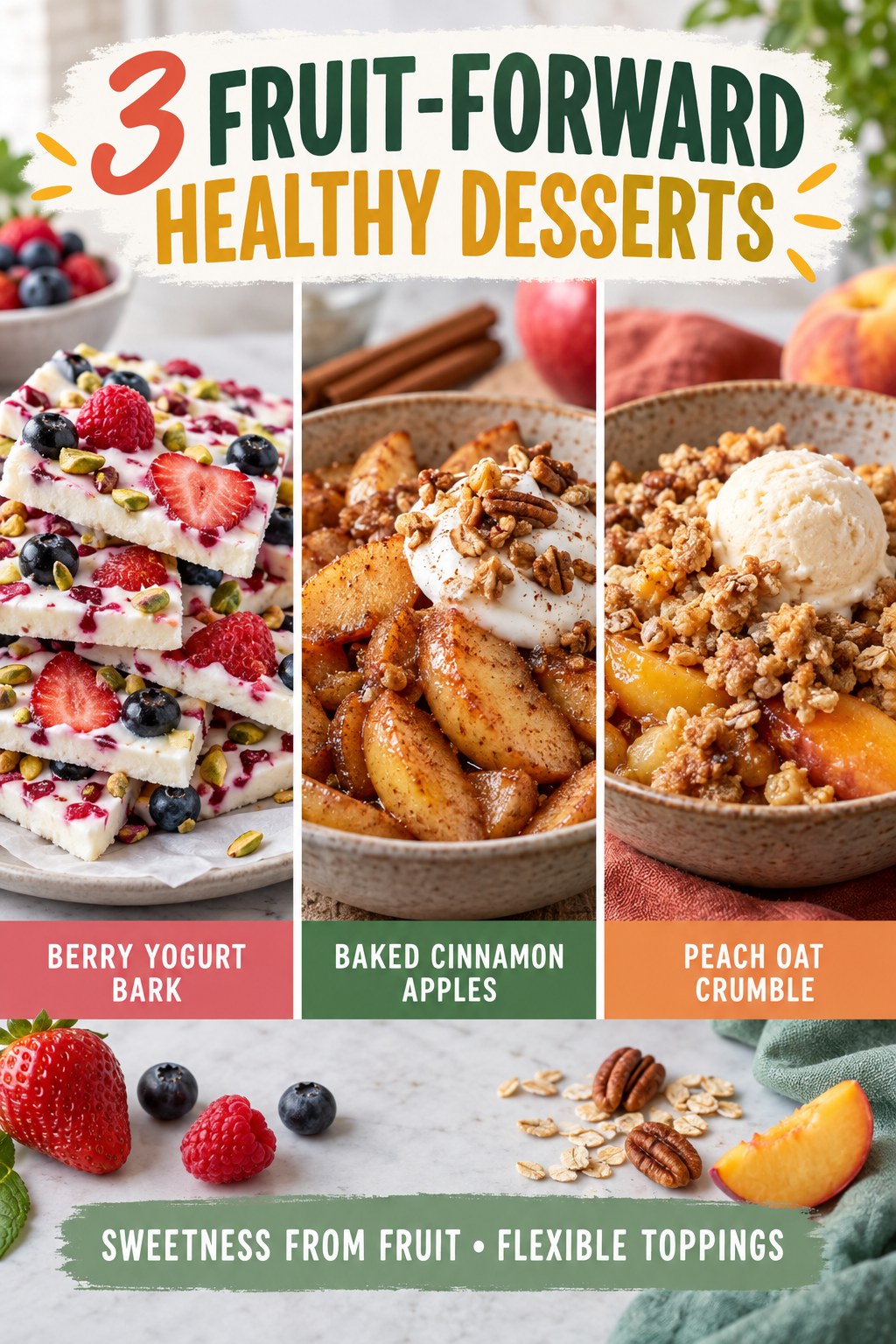 Portrait infographic featuring berry yogurt bark, baked cinnamon apples, and peach oat crumble.