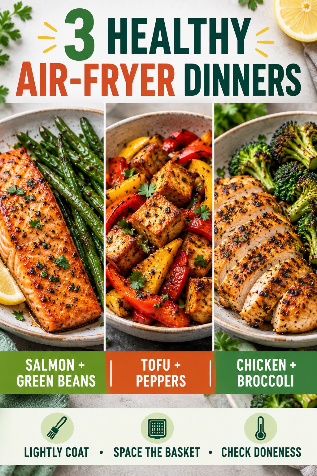 Portrait infographic featuring salmon with green beans, tofu with peppers, and chicken with broccoli.