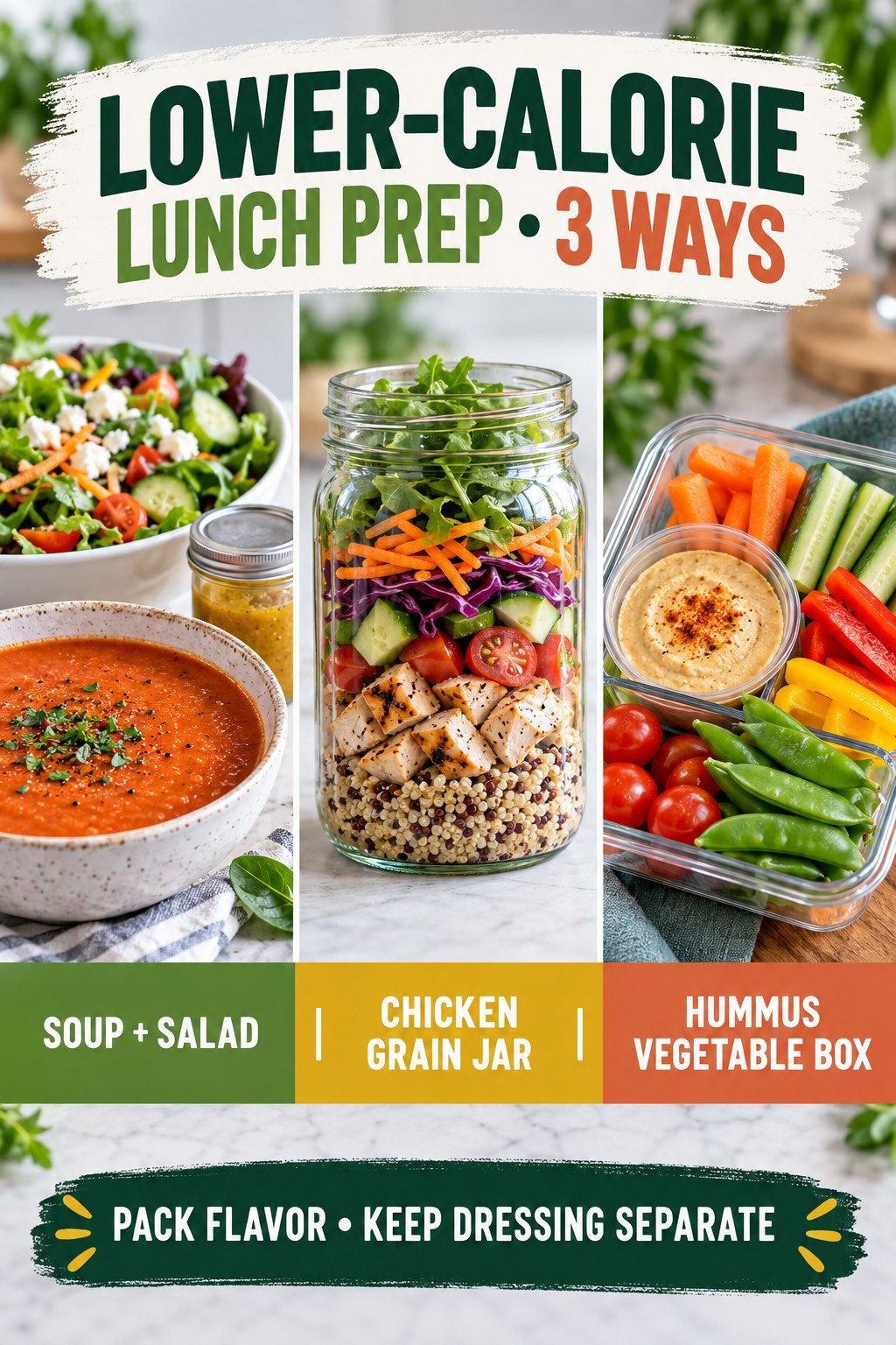 Three lower-calorie lunch prep ideas with soup and salad, chicken grain jar, and hummus vegetable box.