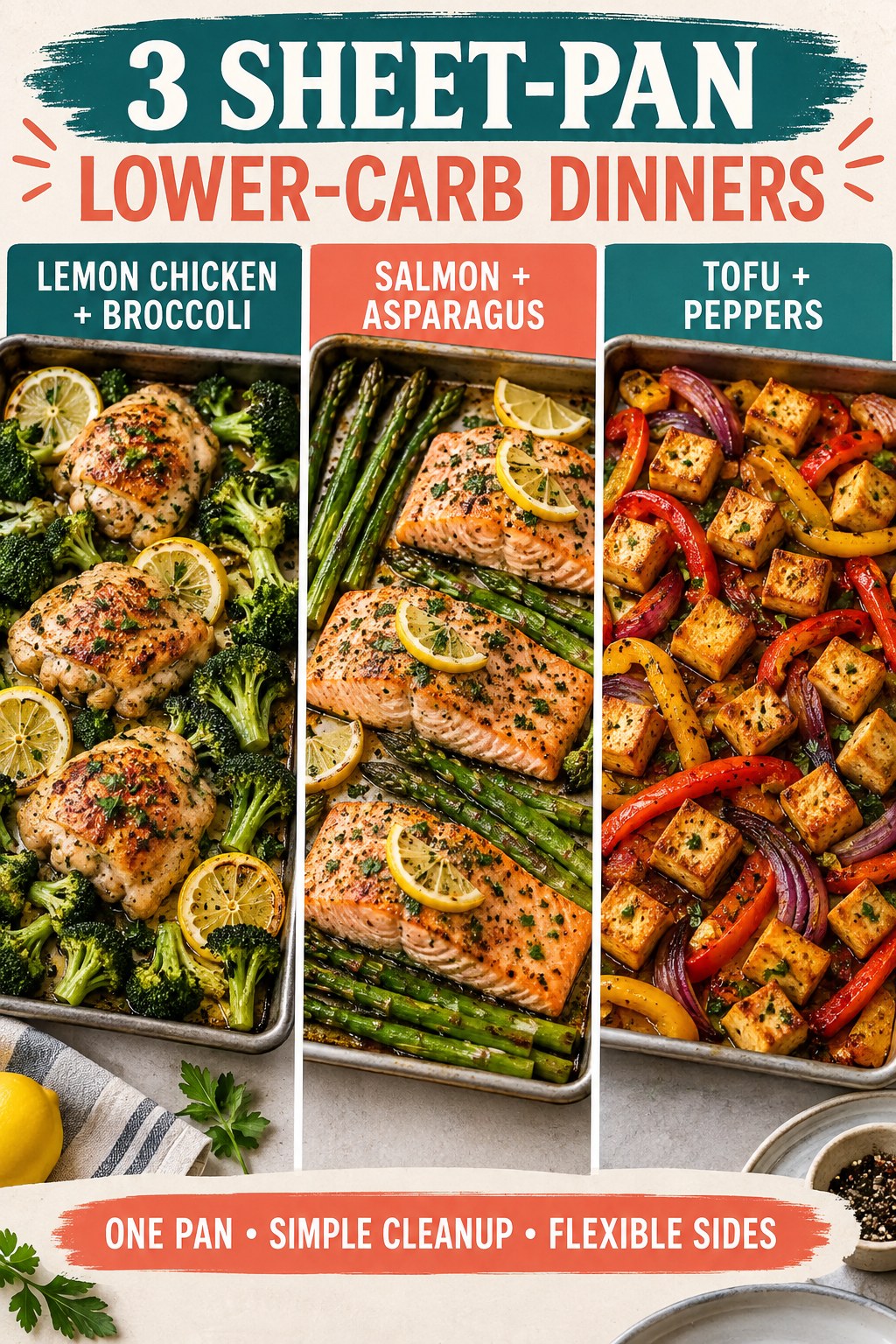 Three lower-carb sheet-pan dinners with lemon chicken, salmon, and tofu alongside colorful vegetables.
