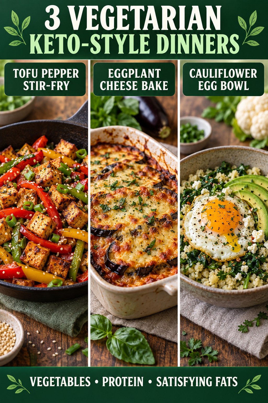 Three vegetarian keto-style dinners with tofu peppers, eggplant cheese bake, and cauliflower egg bowl.