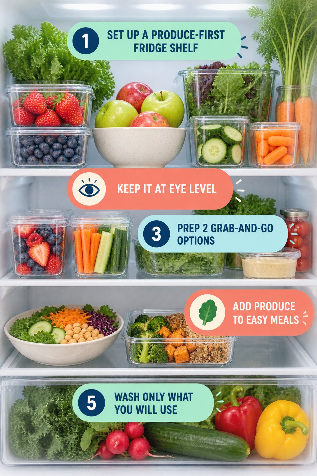 Portrait refrigerator infographic showing visible fruit and vegetables with tips to keep produce at eye level, prepare two options, add it to meals, and wash only what will be used.
