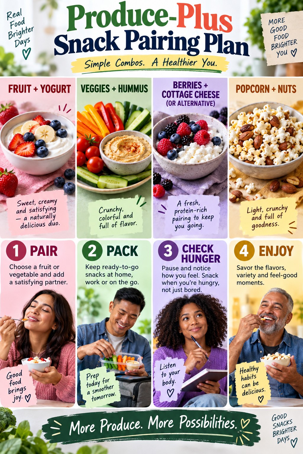 Portrait infographic showing fruit and yogurt, vegetables and hummus, berries and cottage cheese or alternative, and popcorn with nuts or seeds.