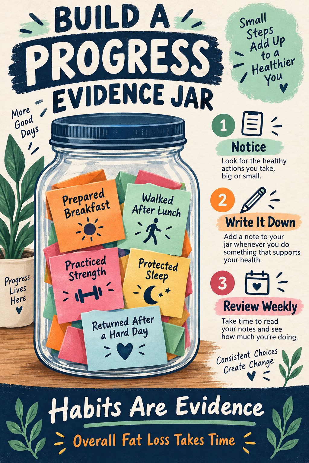 Portrait illustration of a progress jar filled with notes for prepared breakfast, walking, strength, sleep, and returning after hard days.